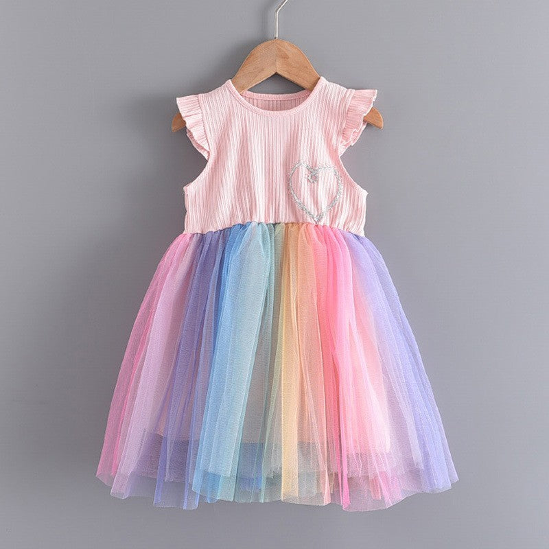 Sunken Stripe Mesh Korean Style Fashionable Fashion Children's Dress
