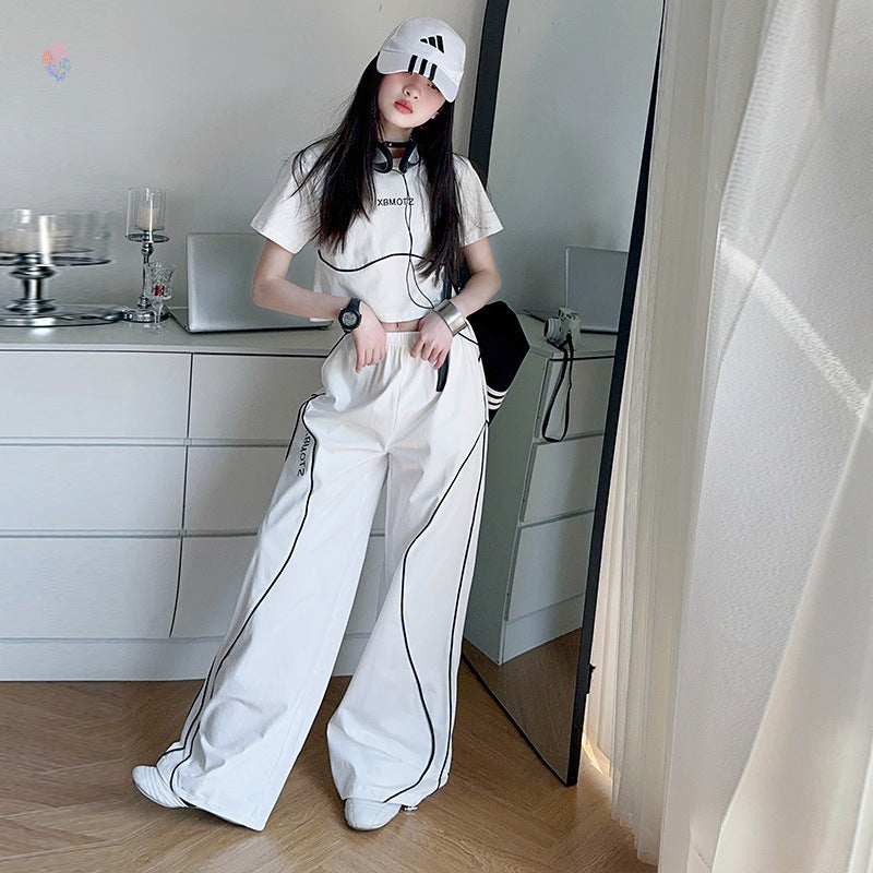 Style Card Rope Two-piece Set Middle Big High Waist T-shirt Children's Suit