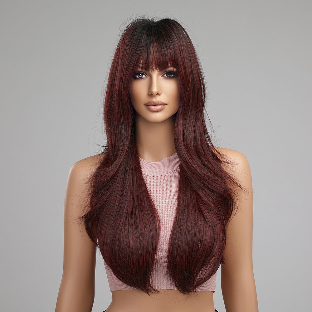 Straight Bangs Hair Gradient Burgundy Head Wig Long Curls