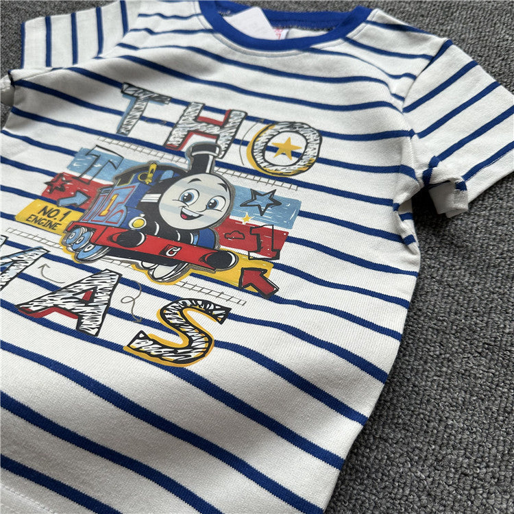 Children's Single Summer Train Friends Striped Pure Cotton Short-sleeved Children's T-shirt