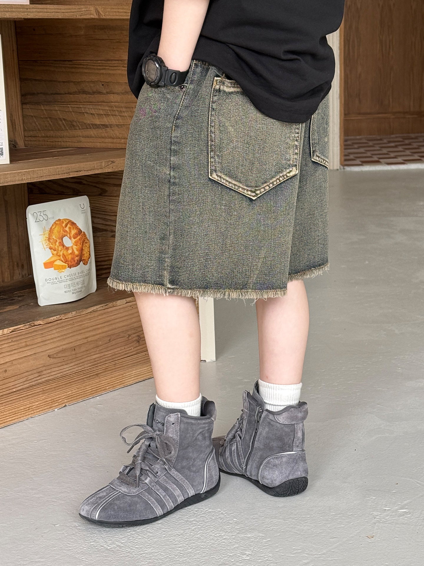 Style Fashion Retro Distressed Raw Edges Design Casual Children's Pants