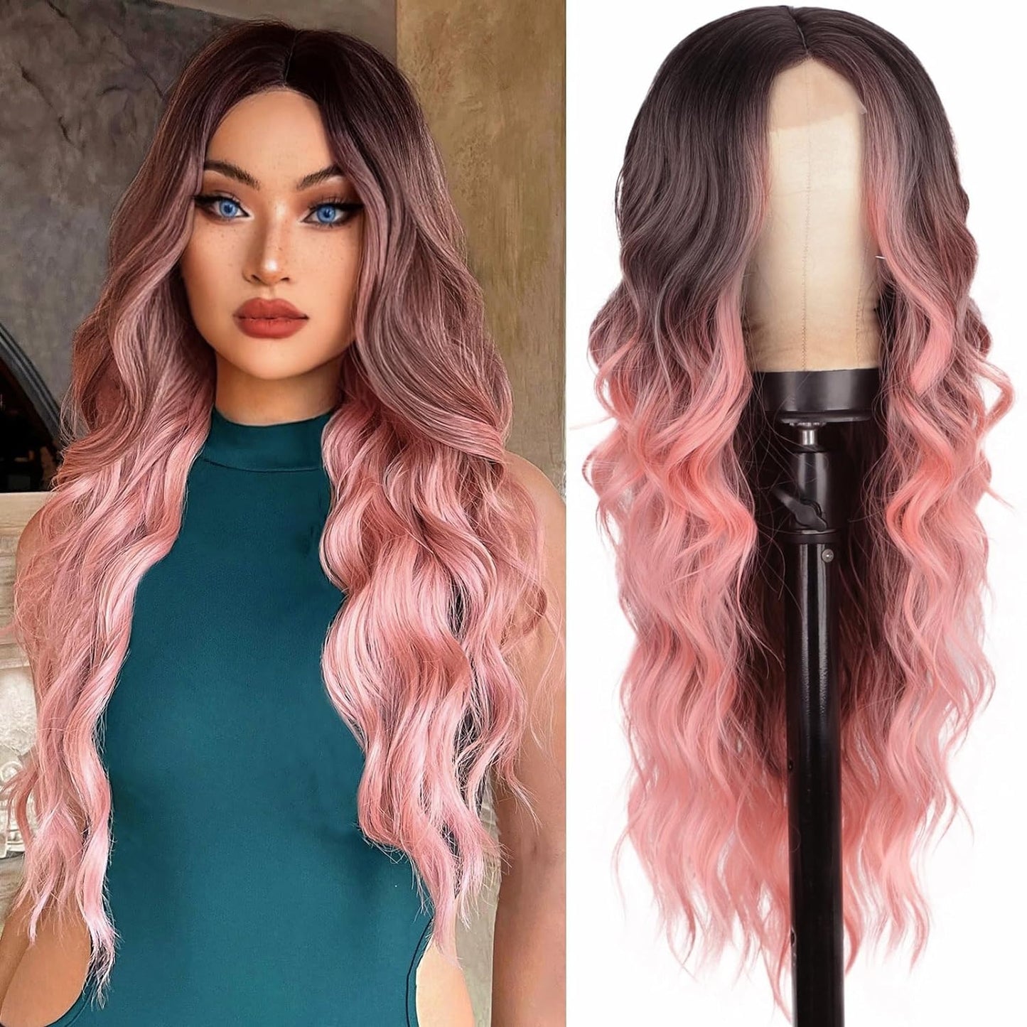 Women's Lace Small Middle Points Highlight Curly Hair Synthetic Wig Long Curls