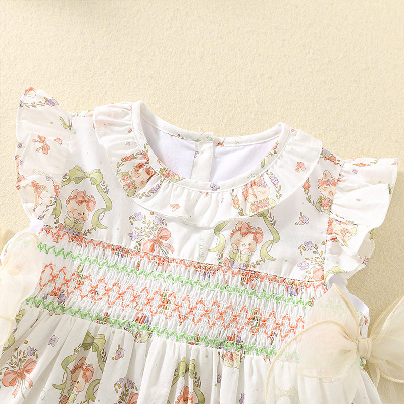 Korean Style Summer Printed Cute Smocking Shirt Cotton Thin Children's Dress