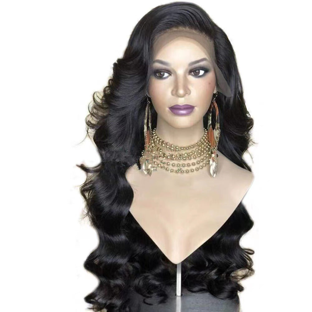 Women's Front Lace Curly Hair Black Medium Large Wave Wig Long Curls