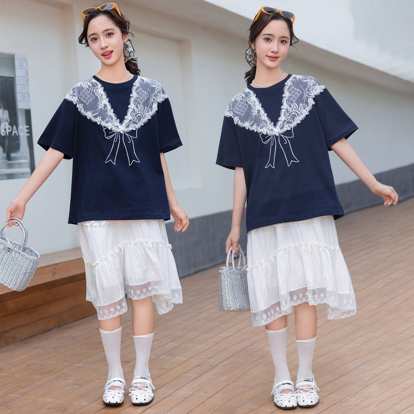 Women's Short Sleeve Large Size Loose Lace Patchwork Easy Matching Half Children's T-shirt