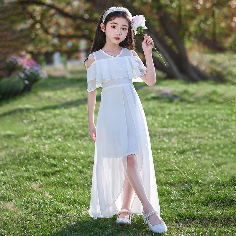 Children's Middle Big Chiffon Summer Front Short Back Long Children's Dress