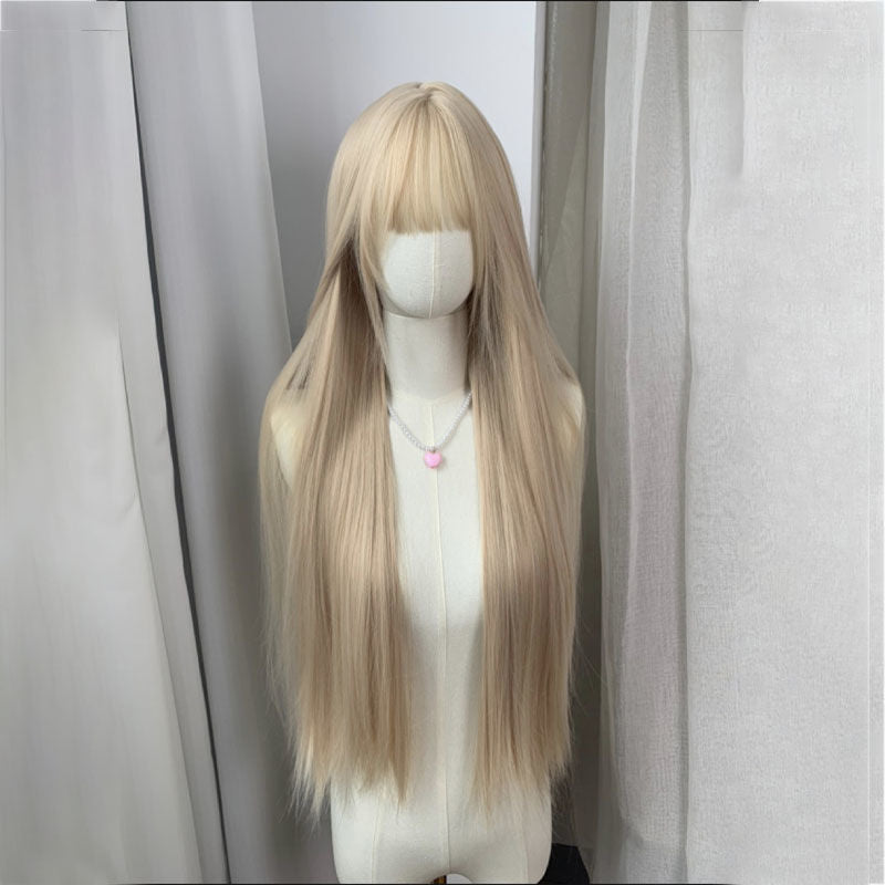 Women's Light Golden Hair White Female Mori Style Team Full Top Long Straight Wig