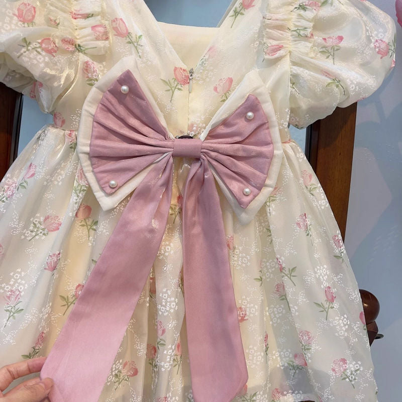Princess Summer Western Style Floral Skirt Little Bow Children's Dress