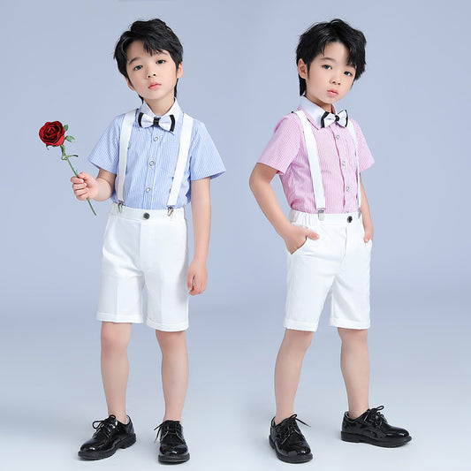 Children's Spring Boy's Korean Style Striped Short-sleeved Suspender Pants Piano Host Children's Suit