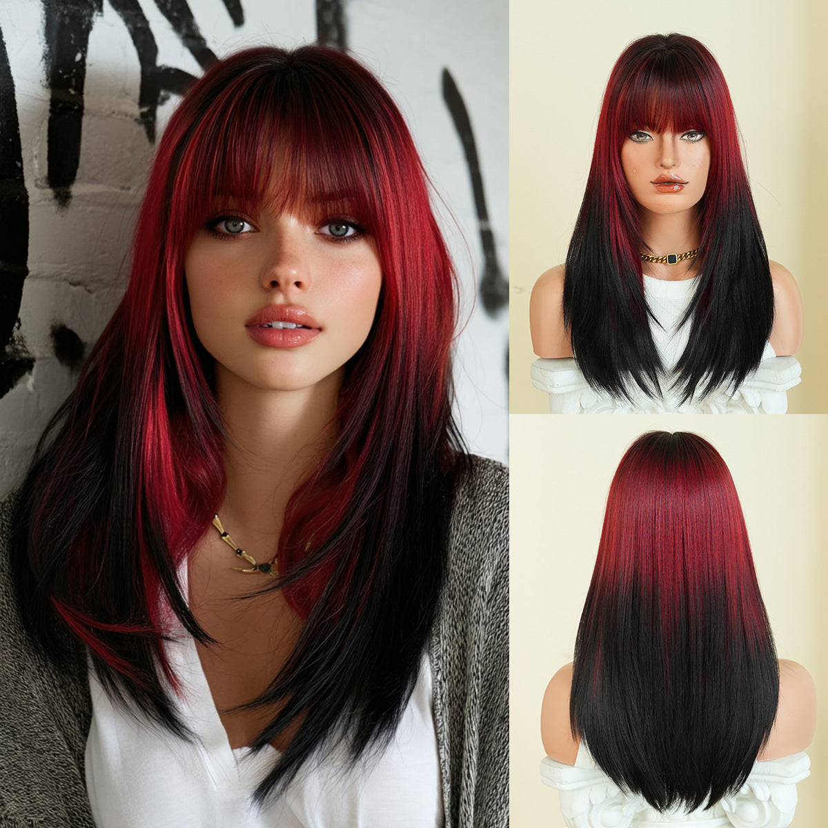 Quality Female Natural Black Layered Bangs Long Straight Wig