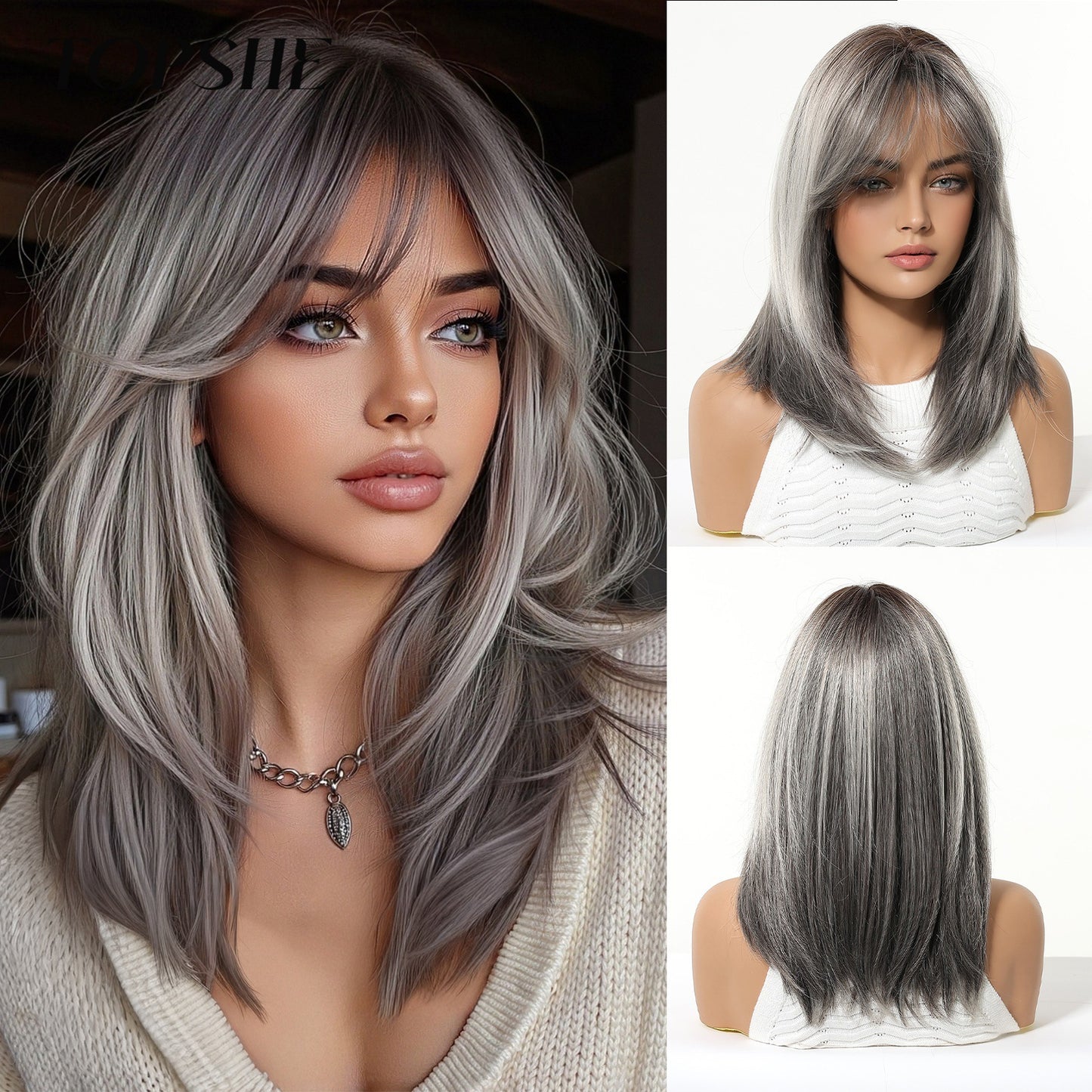 Bangs Head Dyed Gradient Brown Layered Long Straight Wig