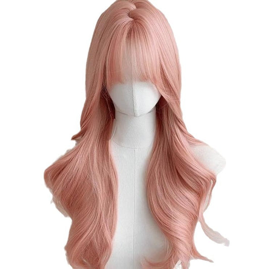 Head Cover Pink Female Curly Hair Big Wave Universal Bangs Wig Long Curls