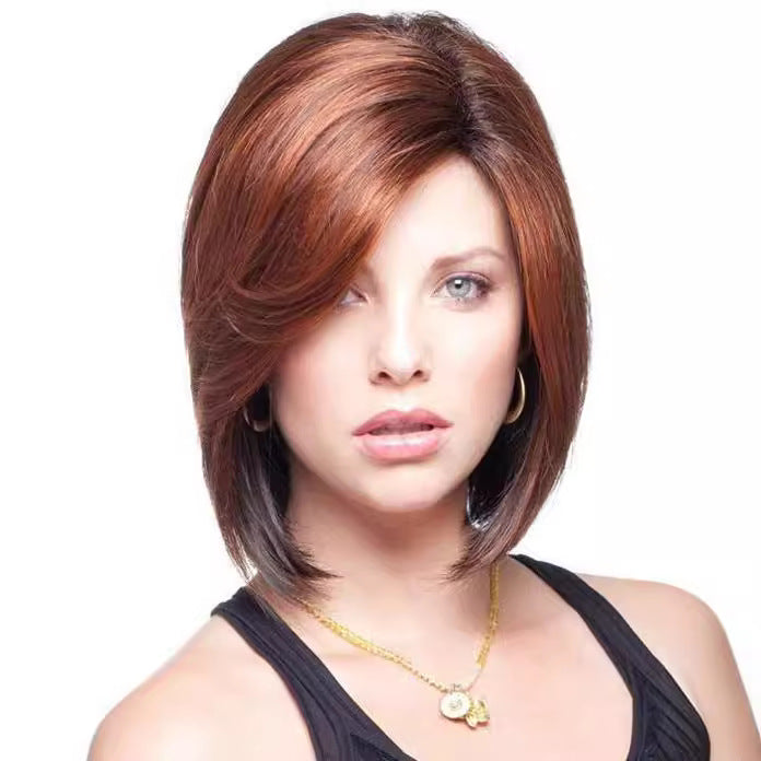 Red Partial Bangs Simulation Scalp Rose Net Wig Short Straight Hair