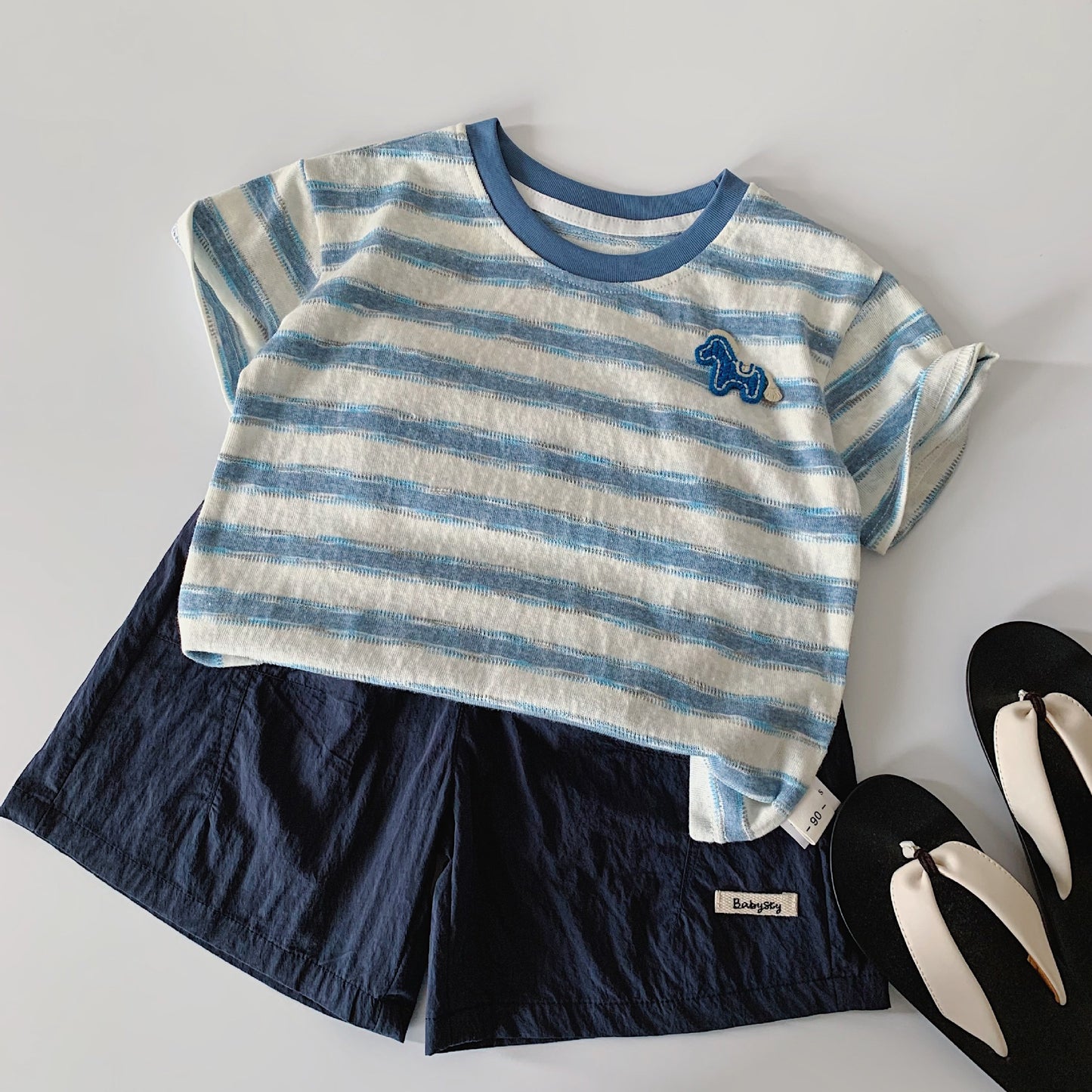 Children's Short-sleeved Summer Korean Style Striped Pony Round Neck Pullover Children's T-shirt