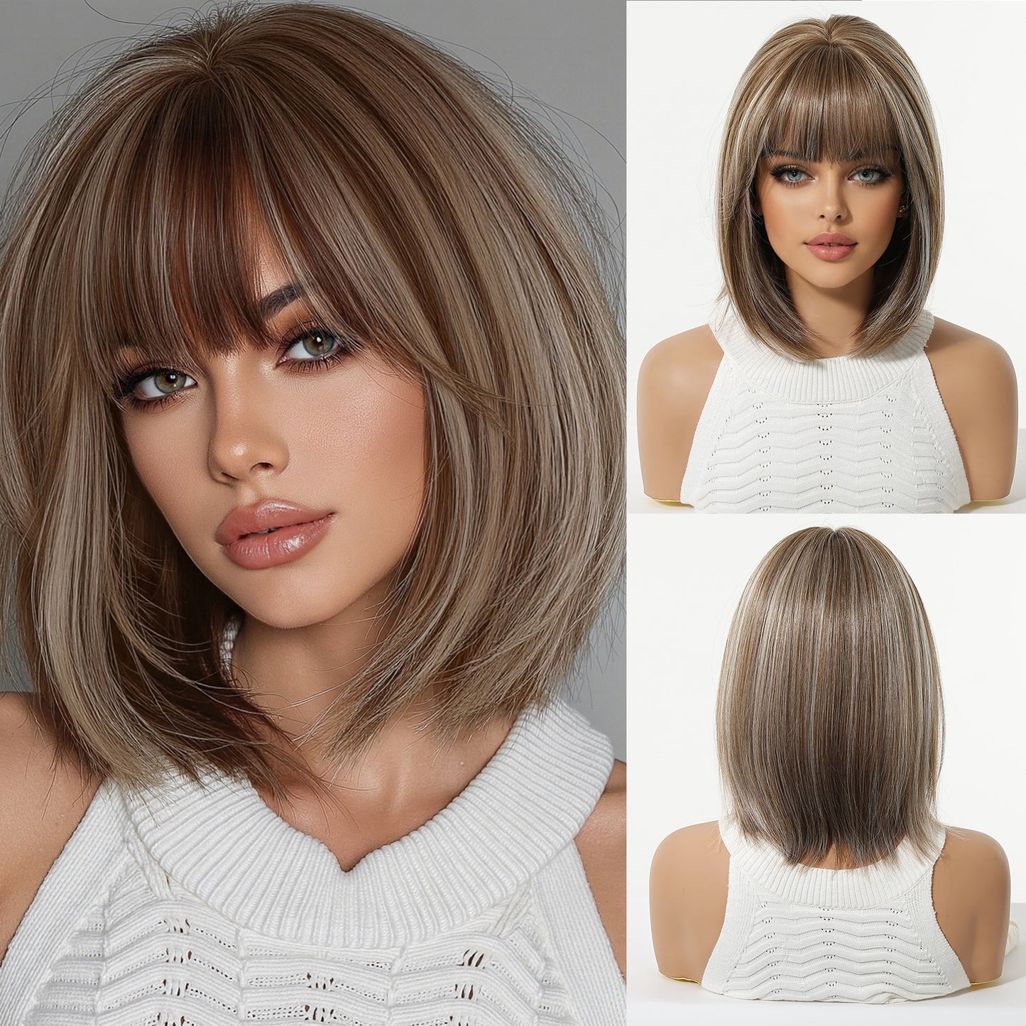 Gradient Brown Highlights Air Bangs Natural Realistic Chemical Fiber Full Wig Short Straight Hair