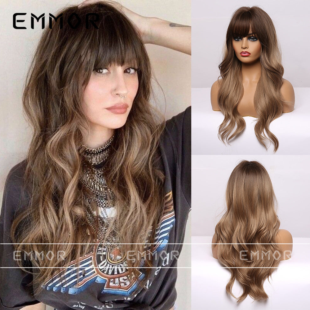 Women's Fiber Hair Fringe Gray Brown Curly Head Cover Long Straight Wig
