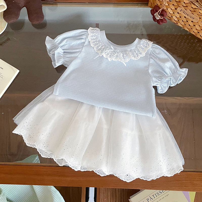Short-sleeved Summer Puff Sleeve Lace Collar Children's T-shirt