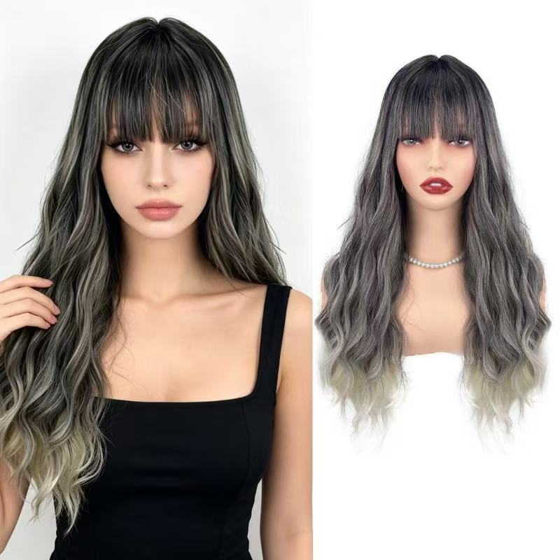 Straight Bangs Natural Fluffy Gradient Color Curly Wig Long Curls