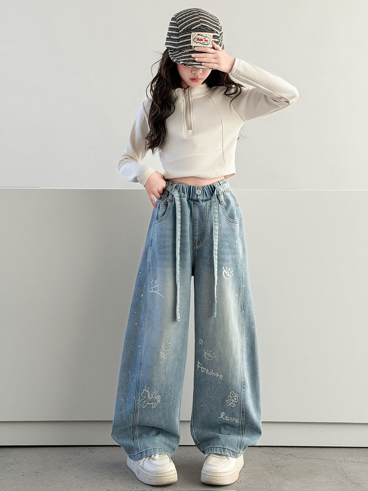 Matchet Printed Korean Jeans Loose-fitting Trousers Children's Pants