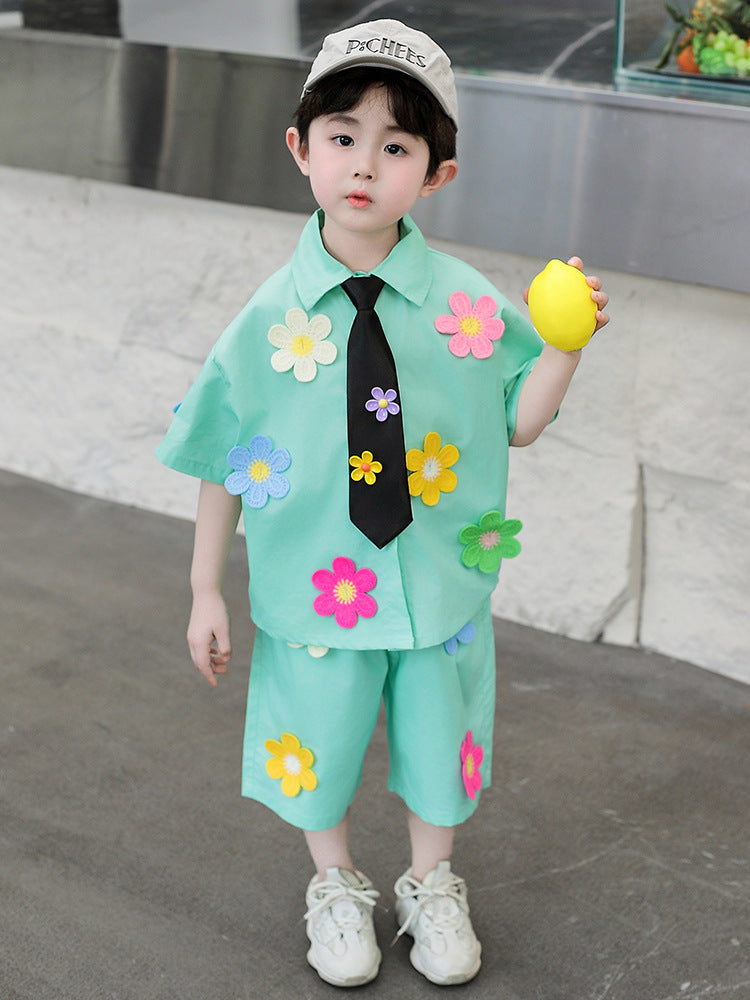 Children's Short-sleeved Tie Shirt Three-piece Kindergarten Performance Clothes Graduation Children's Suit