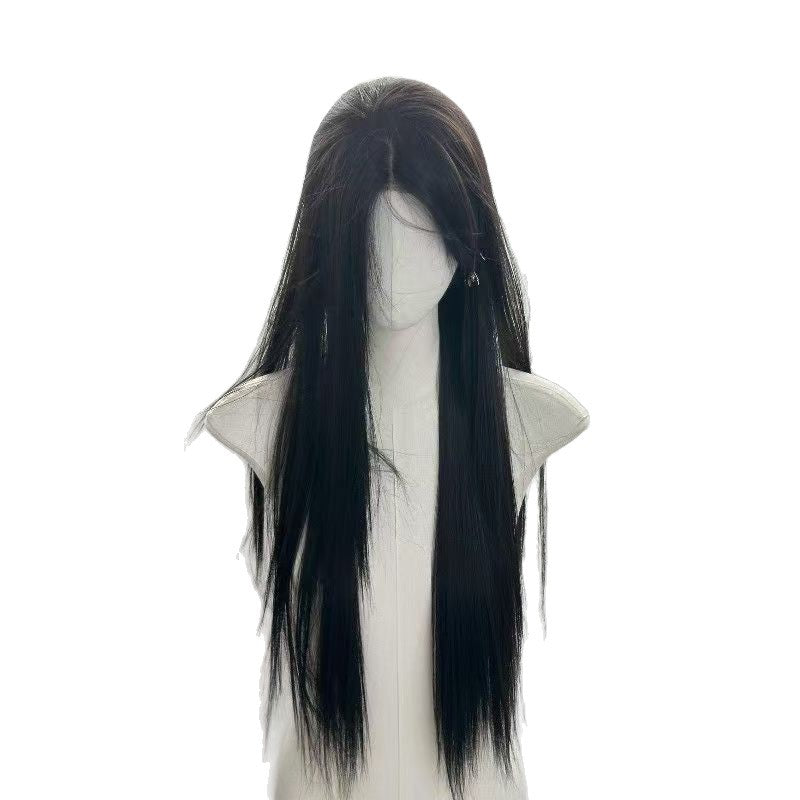 White Moonlight Female Black Mid-length Bangs Universal Simulation Long Straight Wig