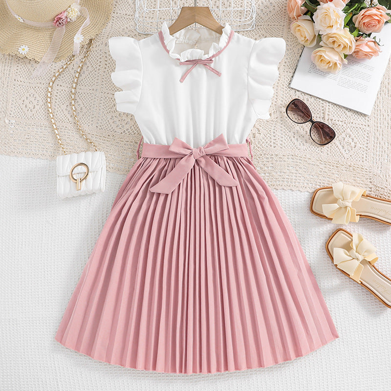 Children's Clothing Summer Style Flounced Sleeve Color Matching Pleated Children's Dress