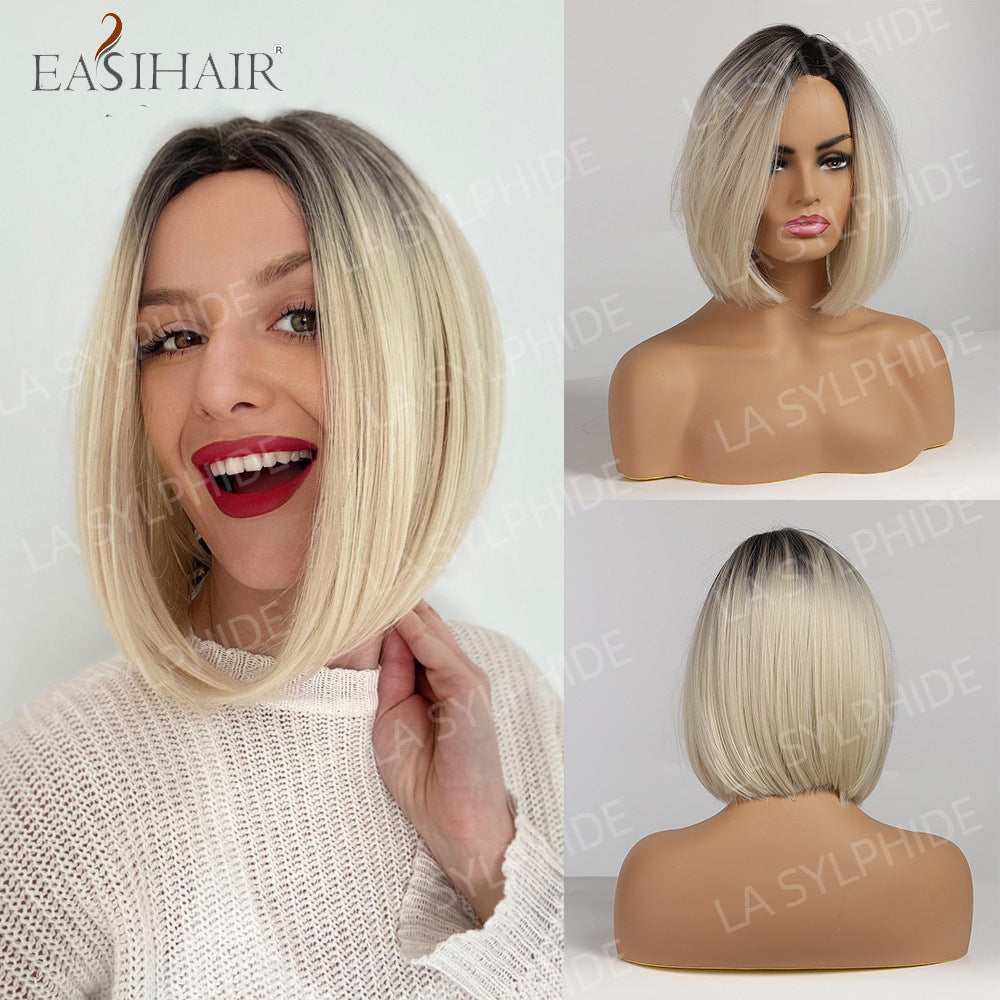 Classy Mechanism Fiber Chemical Bangs Yellow Wig Short Straight Hair