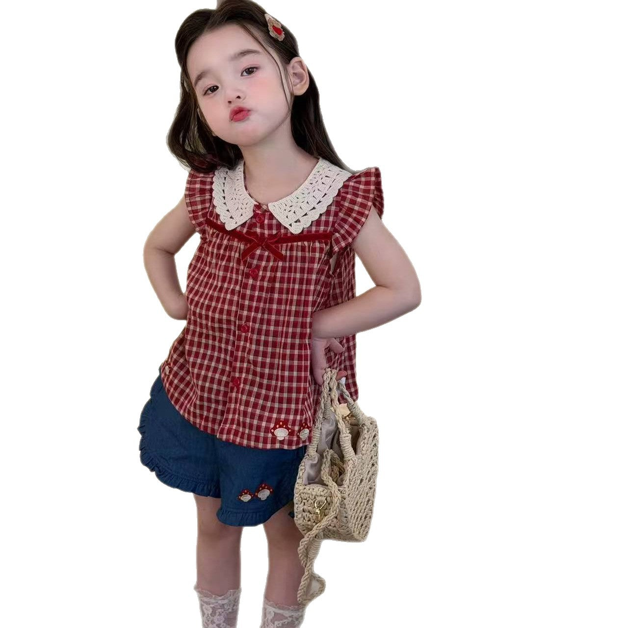 Shorts Suit Style Plaid Flying Sleeve Children's Shirt