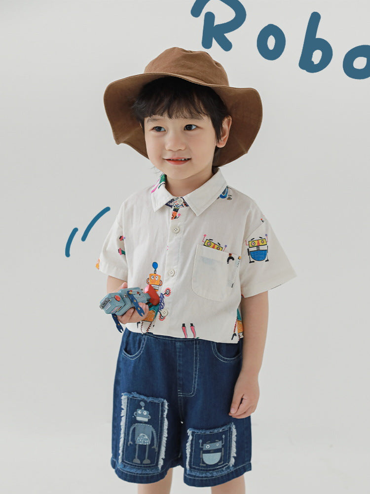 Children's Thin Loose T-shirt Lapel Shorts Robot Series Children's Shirt