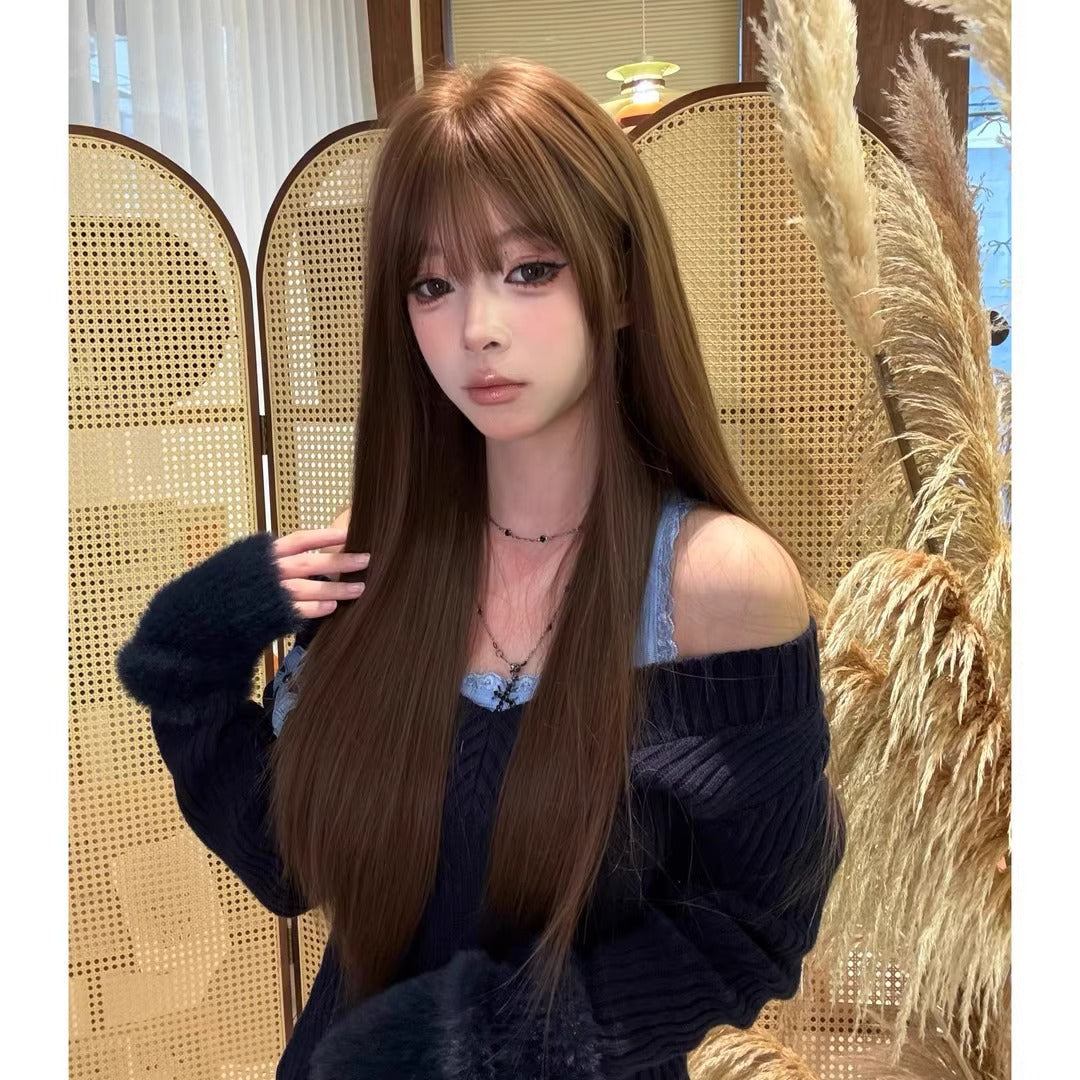 Tea Chestnut Brown Bangs Hair Female Atmosphere Long Straight Wig