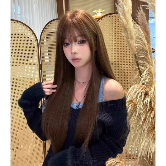 Tea Chestnut Brown Bangs Hair Female Atmosphere Long Straight Wig