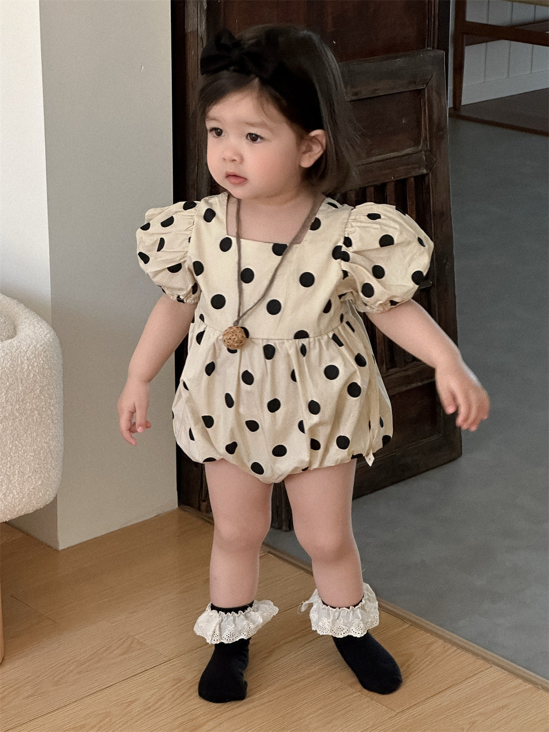 Children's Summer Puff Sleeve Thin Romper Korean Style Clothing Polka Dot Jumpsuit, Climbing Suit