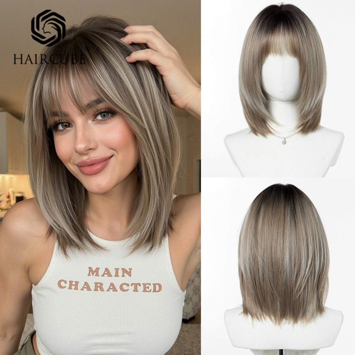 Head Cover Bangs White Styling Full Wig Short Straight Hair