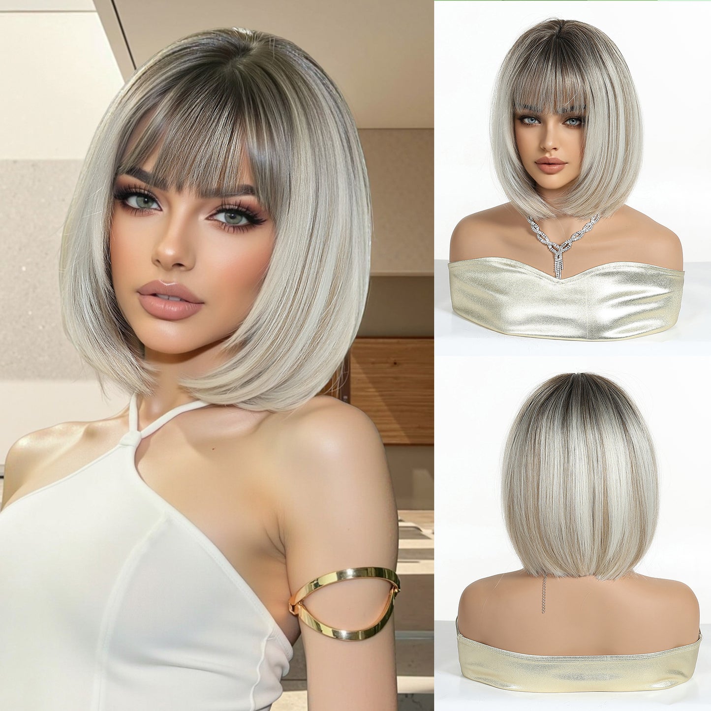 Gradient Brown Highlights Air Bangs Natural Realistic Chemical Fiber Full Wig Short Straight Hair