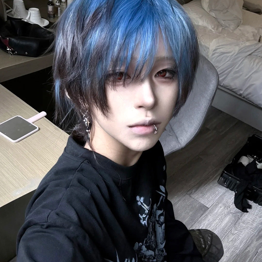Black Blue Gradient Wolf Tail Short Hair Burst Top Dyed Men's Wig