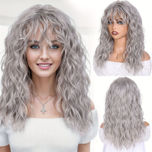 Women's Curling Bangs Wavy Gray Water Ripple Synthetic Wig Long Curls