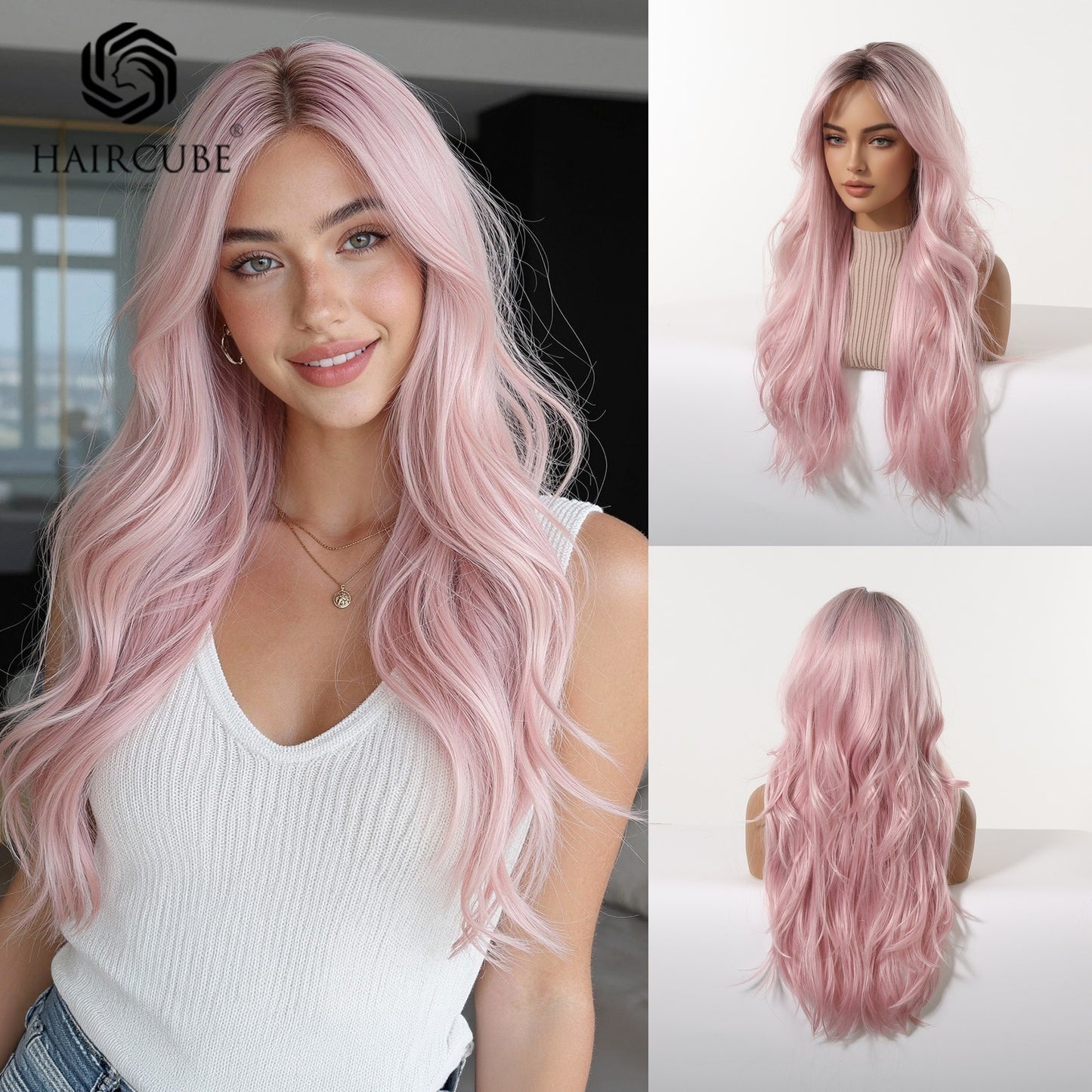 Big Wave Dyed Pink Curly Hair Mid-length Bangs Female Chemical Wig Long Curls