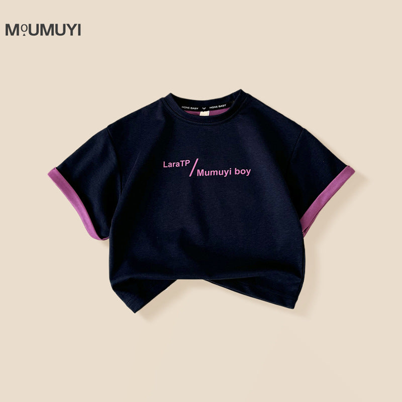 Children's Summer Boy's Short-sleeved Korean Style Western Letter Color Matching Loose Children's T-shirt