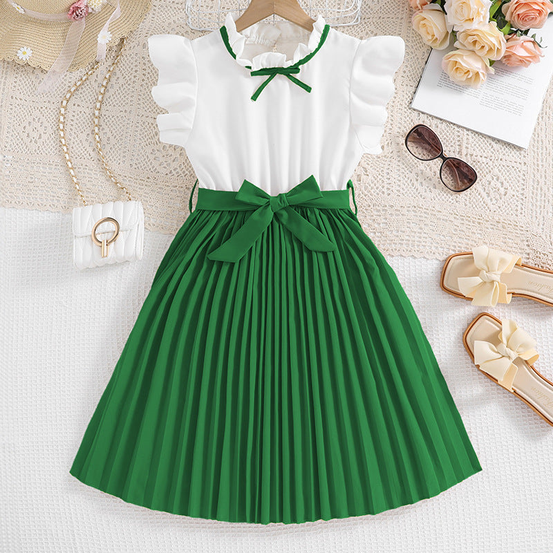 Children's Clothing Summer Style Flounced Sleeve Color Matching Pleated Children's Dress