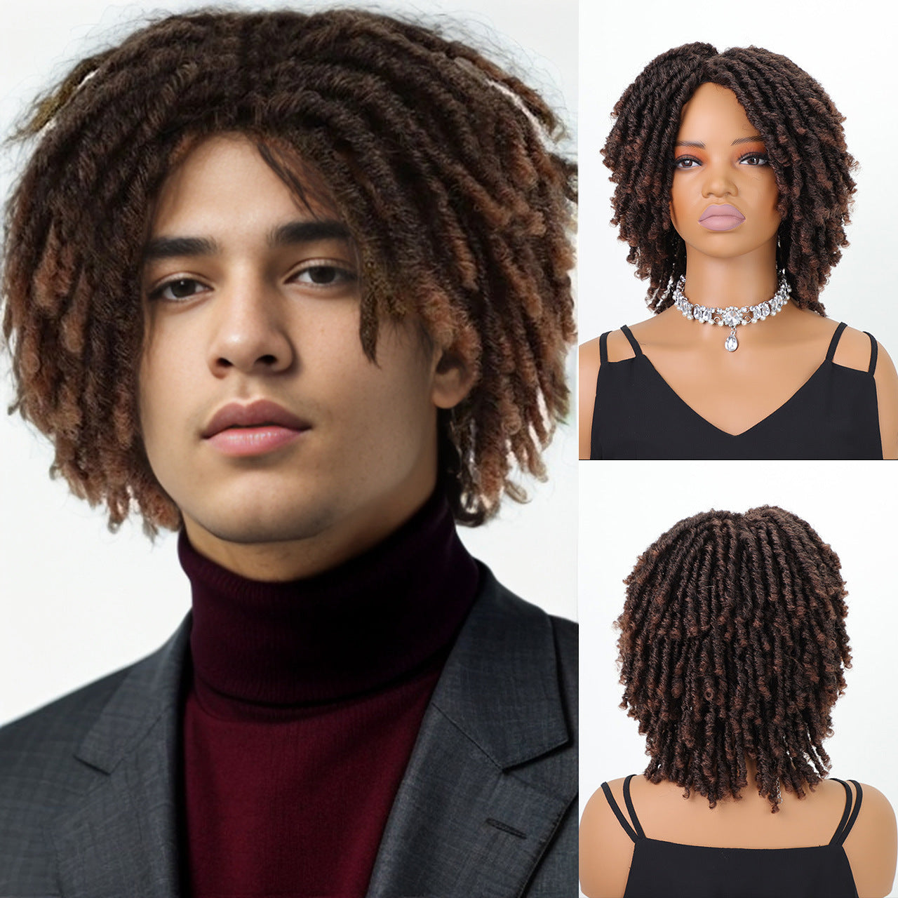 Female African Wigs With Small Tube Curved Dreadlocks Gradient Wig Short Curly Hair