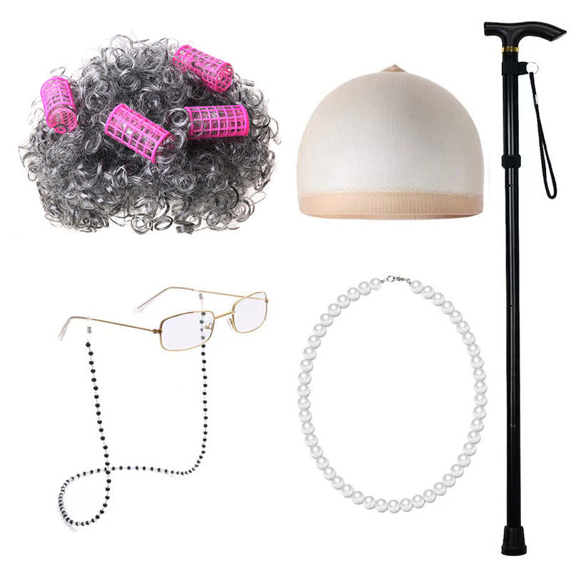 Old Grandma Grandpa Halloween Lady Set Cos Wig