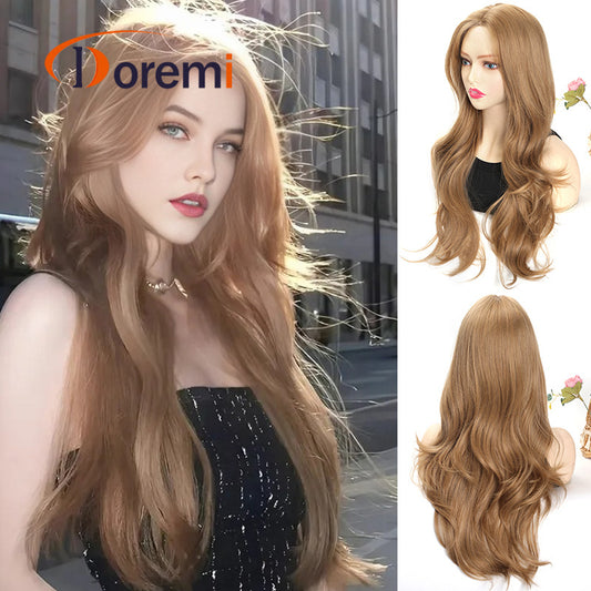 Women's Hair Natural Milk Tea Champagne Chemical Fiber Big Wave Curly Wig Long Curls