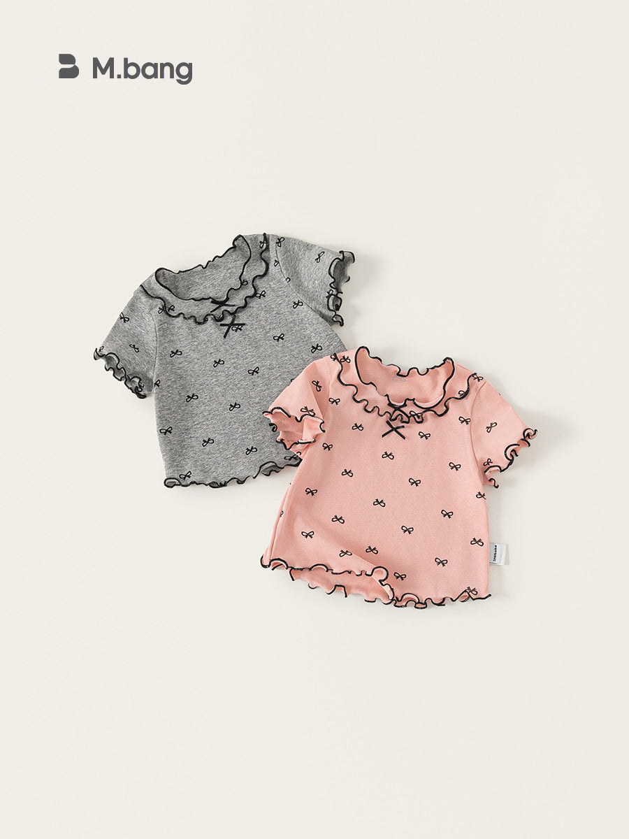Children's Clothing Korean Style Bow Clothes Summer Shirt Lacework Short Children's T-shirt