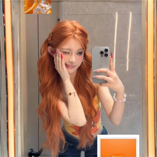 Women's Natural Orange Brown Curly Big Wave Wig Long Curls