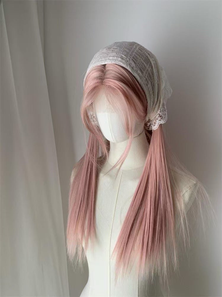 Female Pink Gold Forehead Lace Hair Long Straight Wig