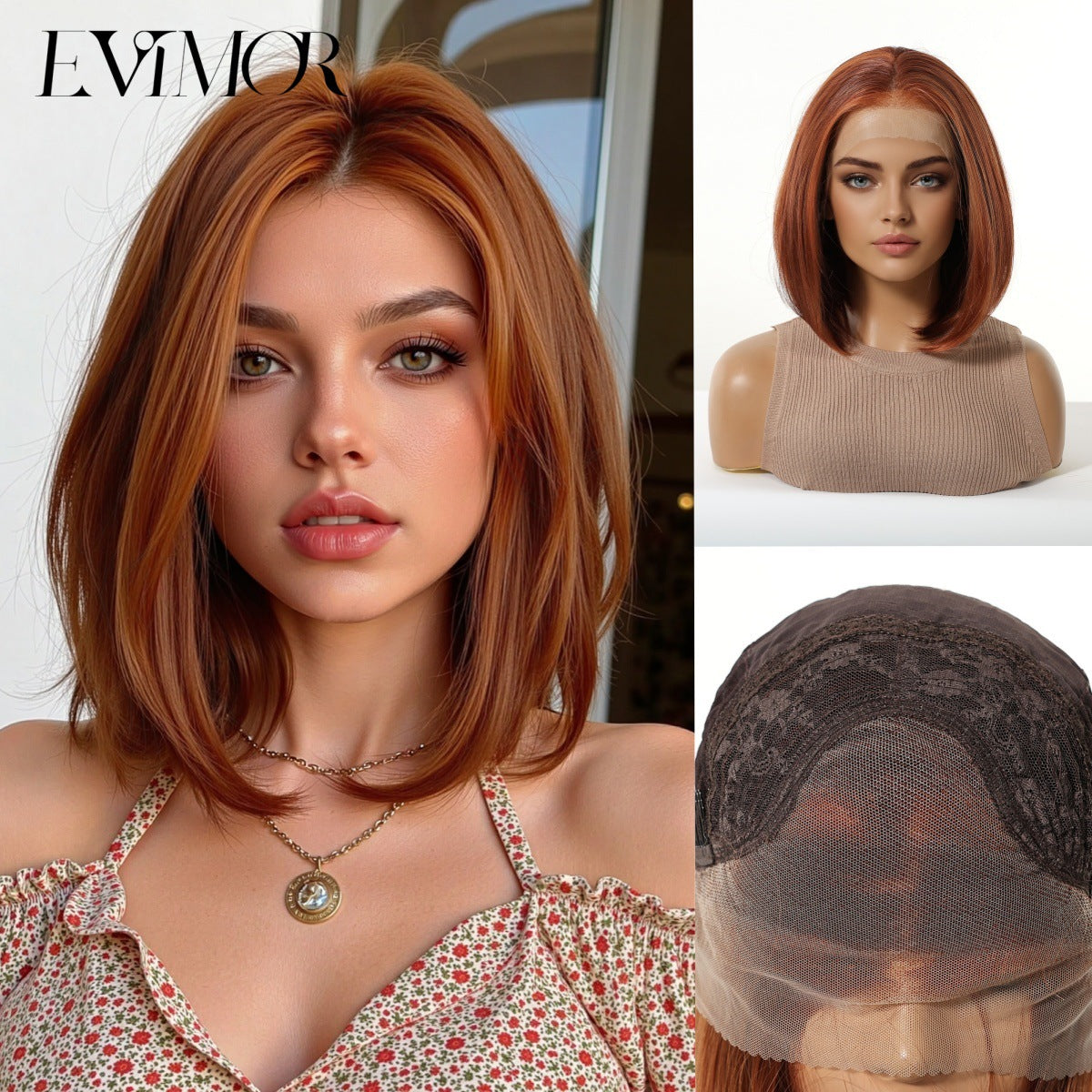 Women's Crocheted Lace On Forehead Fiber Gradient Golden Wig Short Straight Hair