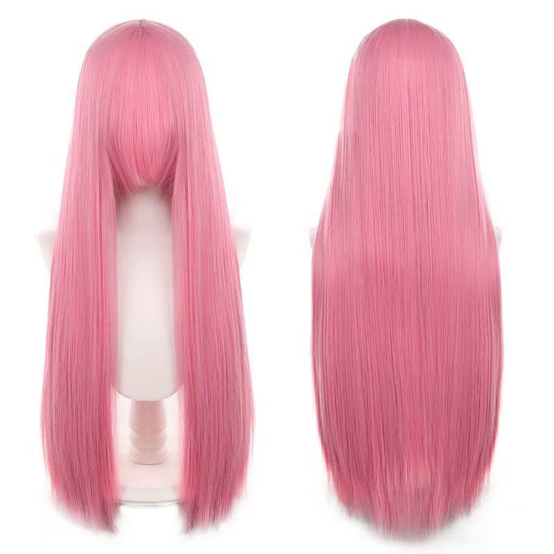 Universal Round Head Leather Top Length Bangs Mao Shape Rose Long Straight Wig