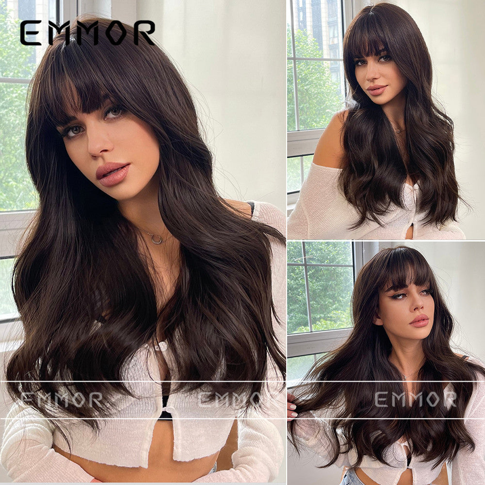 Women's Fiber Hair Fringe Gray Brown Curly Head Cover Long Straight Wig