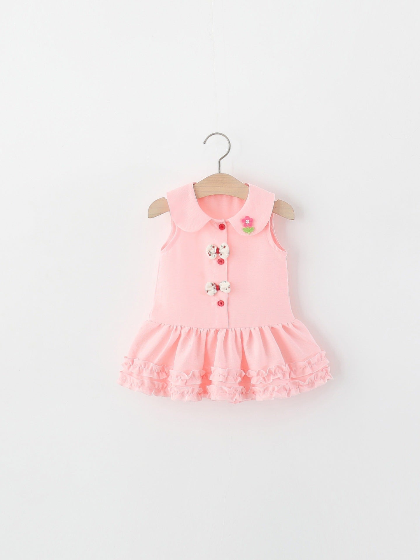 Children's Summer Solid Color Peter Pan Collar Flower Bow Tie Cotton Children's Dress