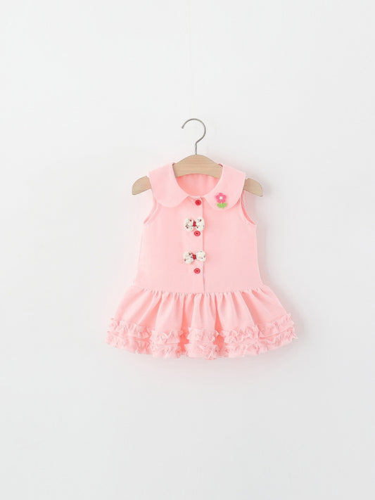 Children's Summer Solid Color Peter Pan Collar Flower Bow Tie Cotton Children's Dress